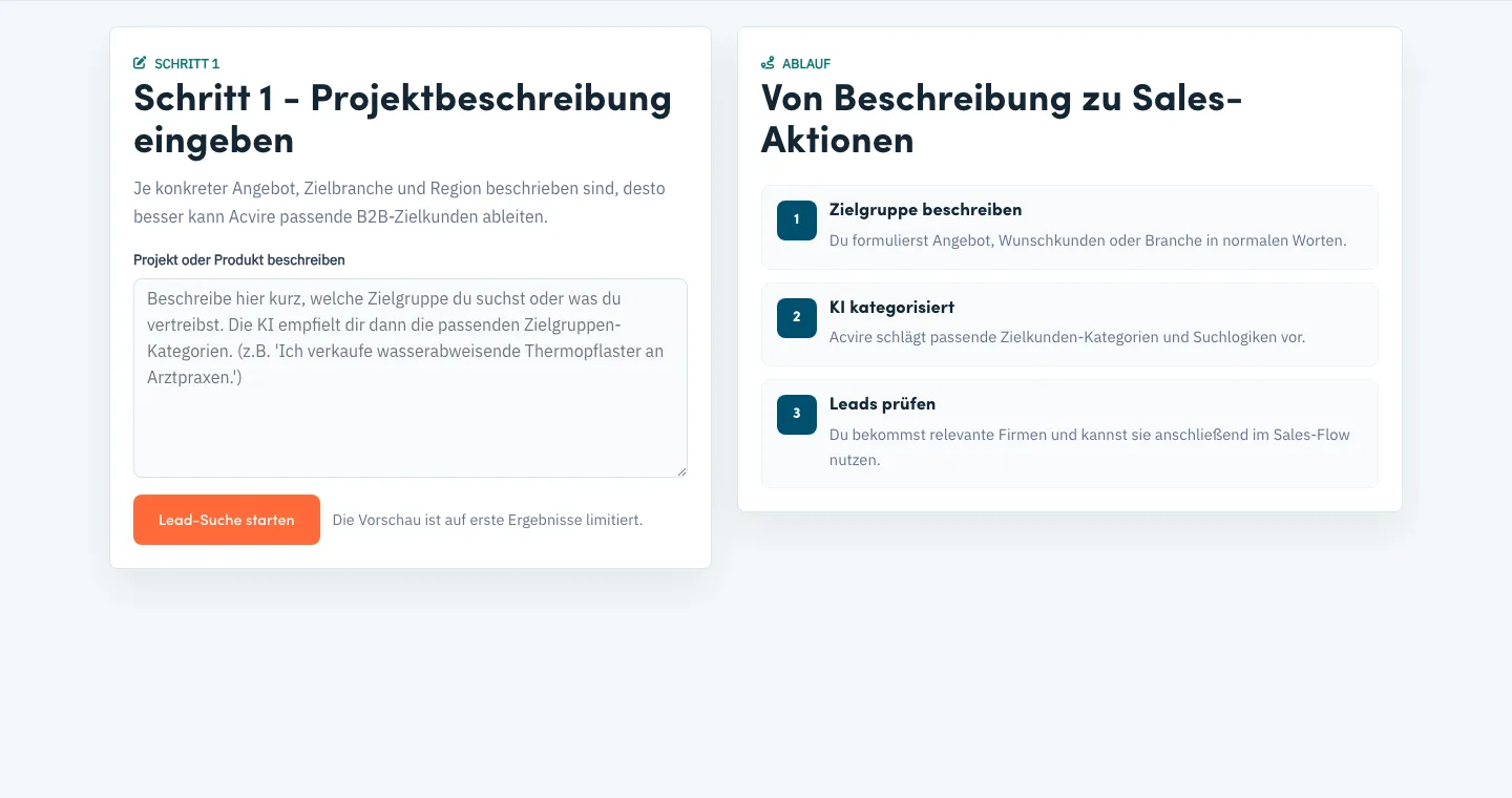 Screenshot der Acvire KI-Leadsuche mit Zielkundenbeschreibung und Suchformular