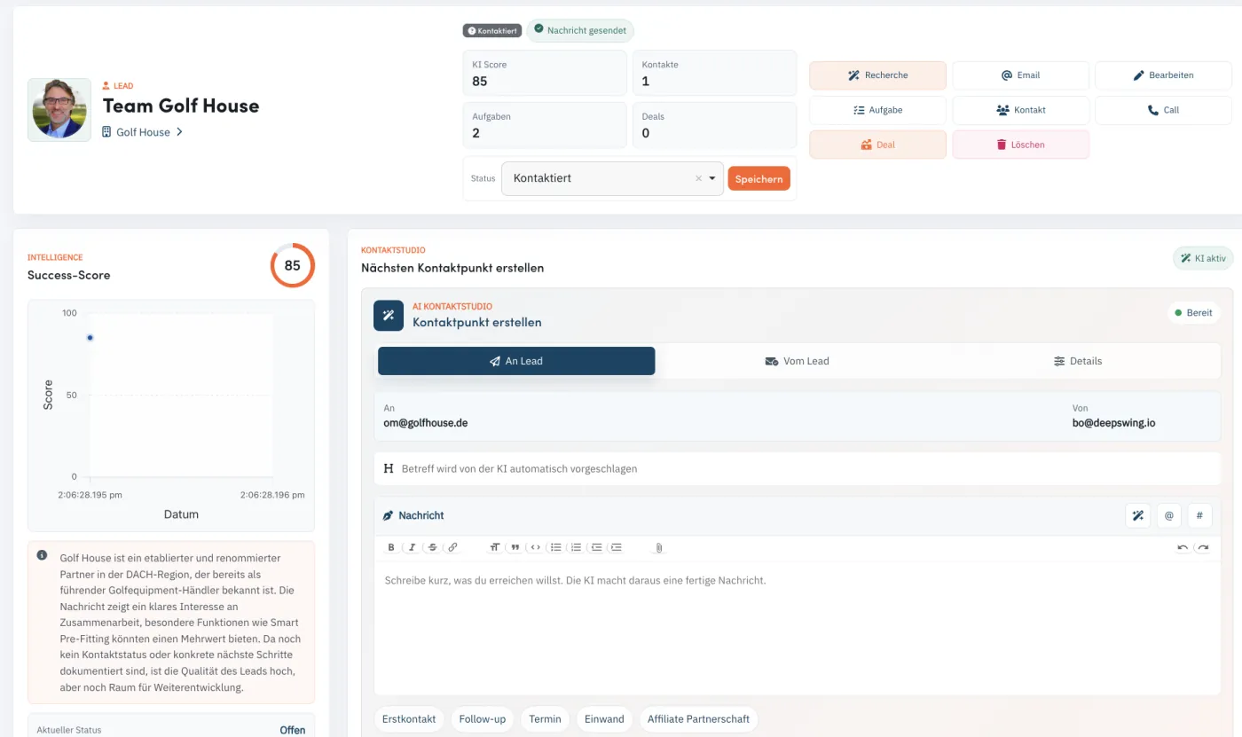 Acvire Lead-Detail mit Success-Score und angereicherten Kontaktdaten