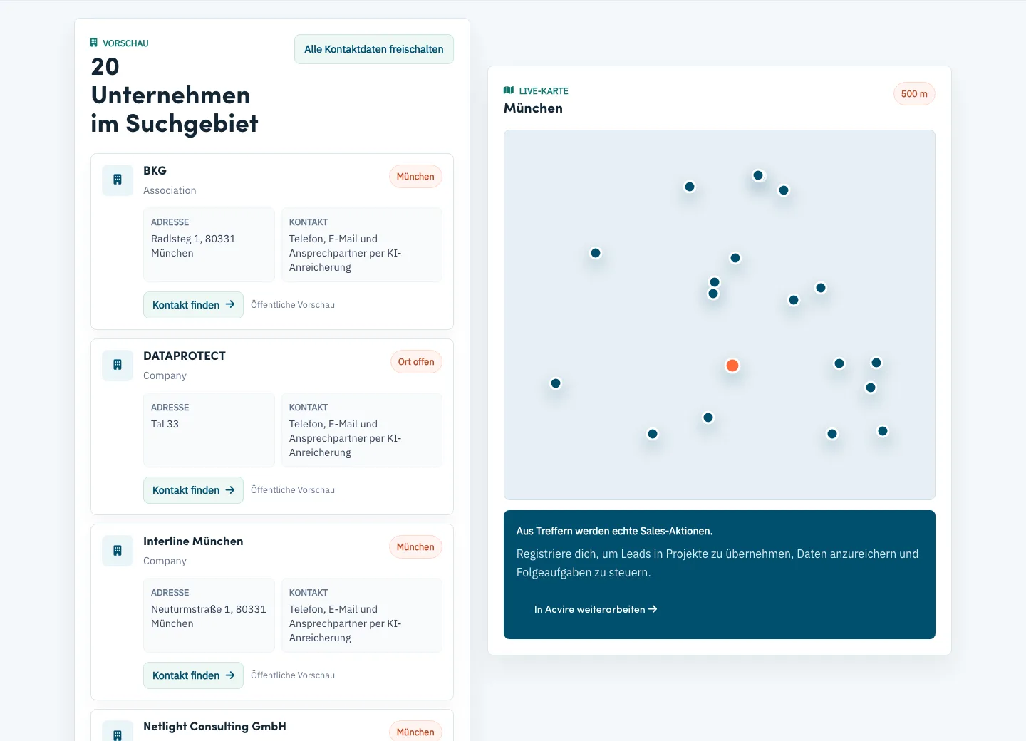 Screenshot of Acvire map search with regional B2B target accounts