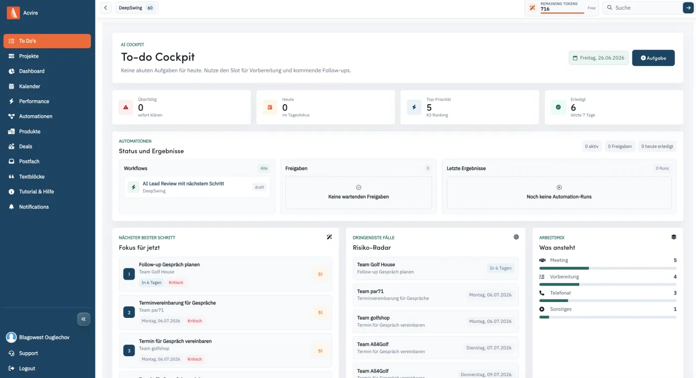 Acvire Sales OS am Desktop - To-do-Cockpit mit KI-Priorisierung